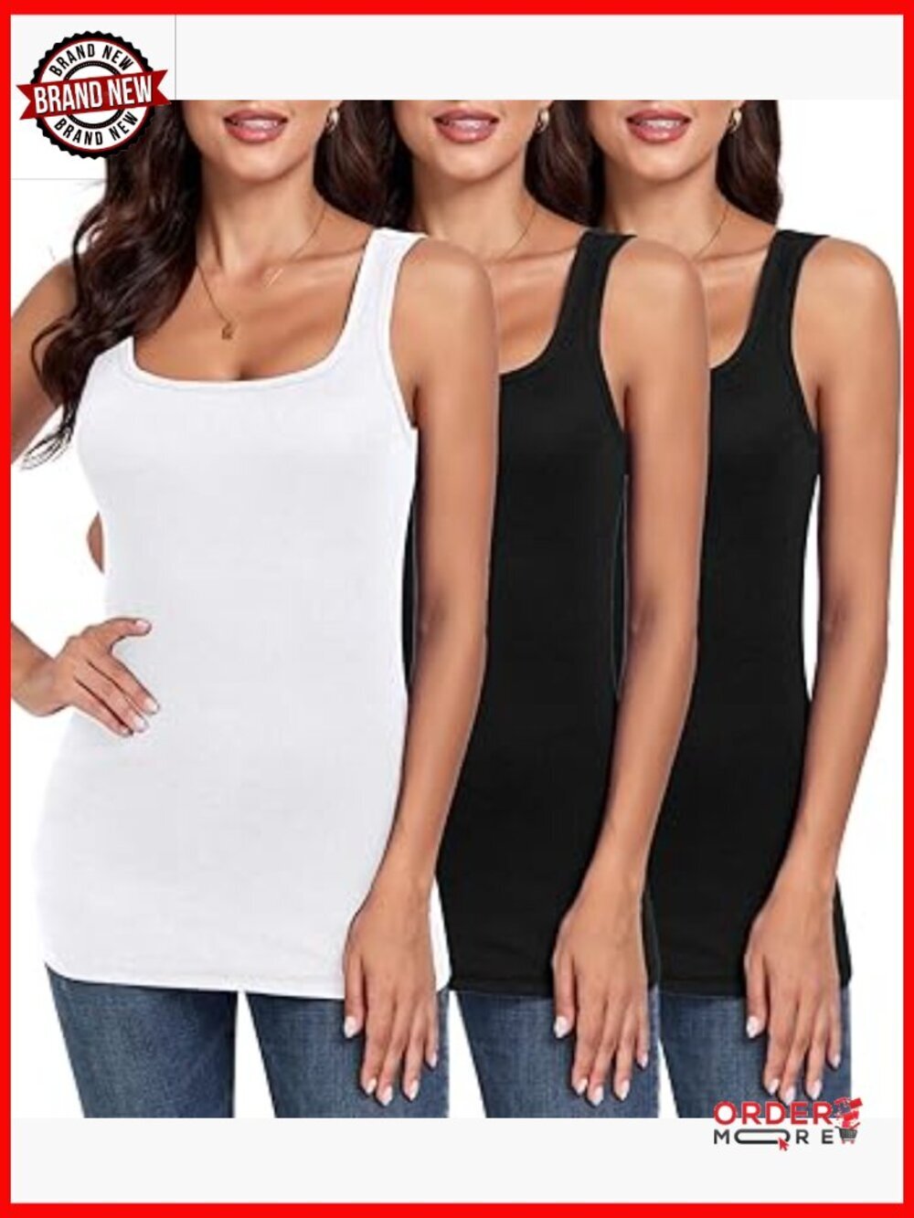3 Pack Women's Square Neck Ribbed Tank Tops S-2XL Long Sleeveless Undershirts